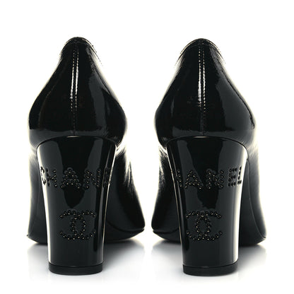 Chanel Patent Calfskin Crystal Cap Toe Logo Pumps 38 Black 5 of 11