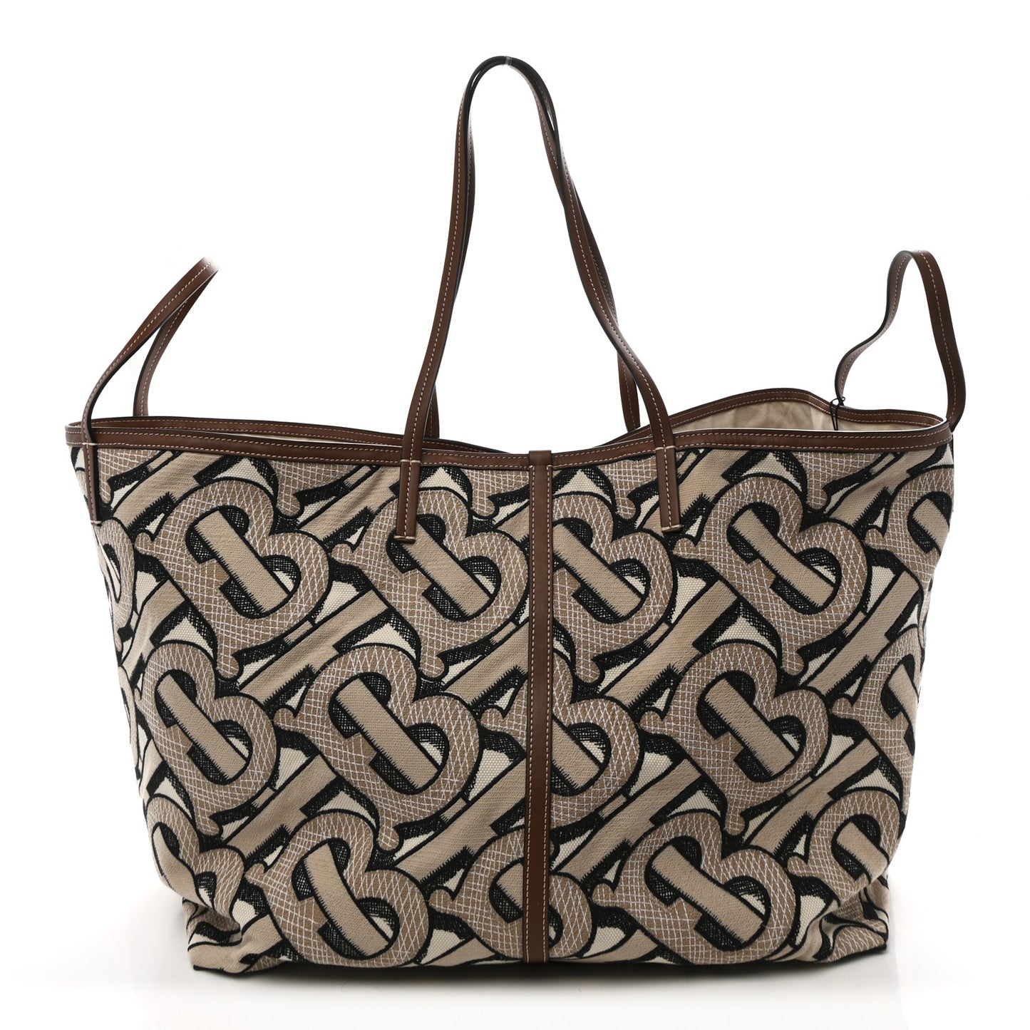 E Canvas Calfskin Monogram TB XL Beach Tote Dark Beige
