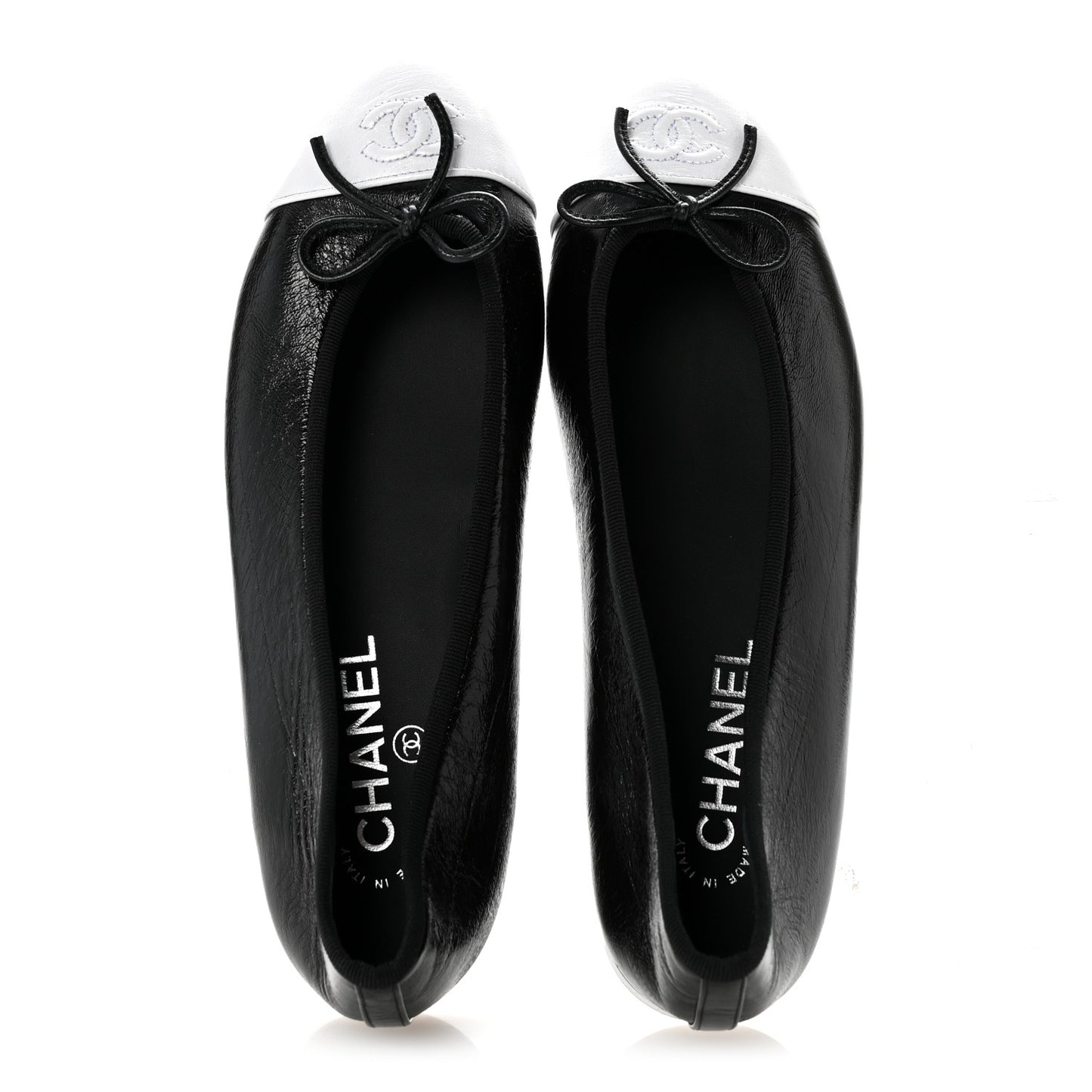 Crumpled Shiny Lambskin Cap Toe CC Ballerina Flats 39 Black White