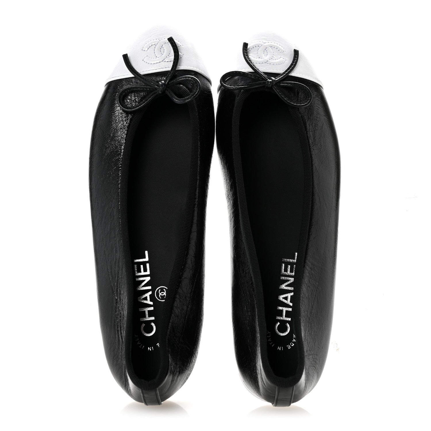 Chanel Crumpled Shiny Lambskin Cap Toe CC Ballerina Flats 39 Black White 2 of 9