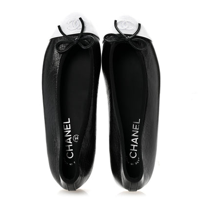 Chanel Crumpled Shiny Lambskin Cap Toe CC Ballerina Flats 39 Black White 2 of 9