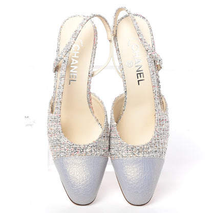 Chanel Tweed Cap Toe CC Slingback Pumps 38.5 Silver Grey 5 of 11