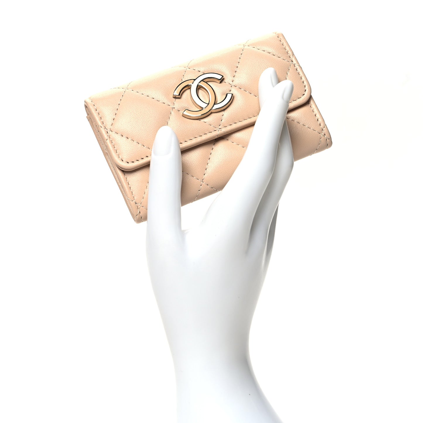 Lambskin Quilted Flap Card Holder Beige