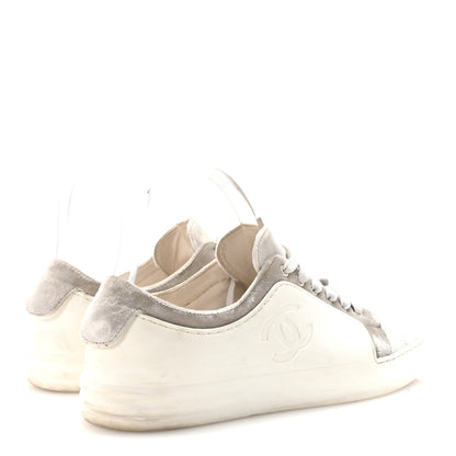 Chanel Calfskin Velvet Womens CC Sneakers 39.5 White Silver 5 of 10