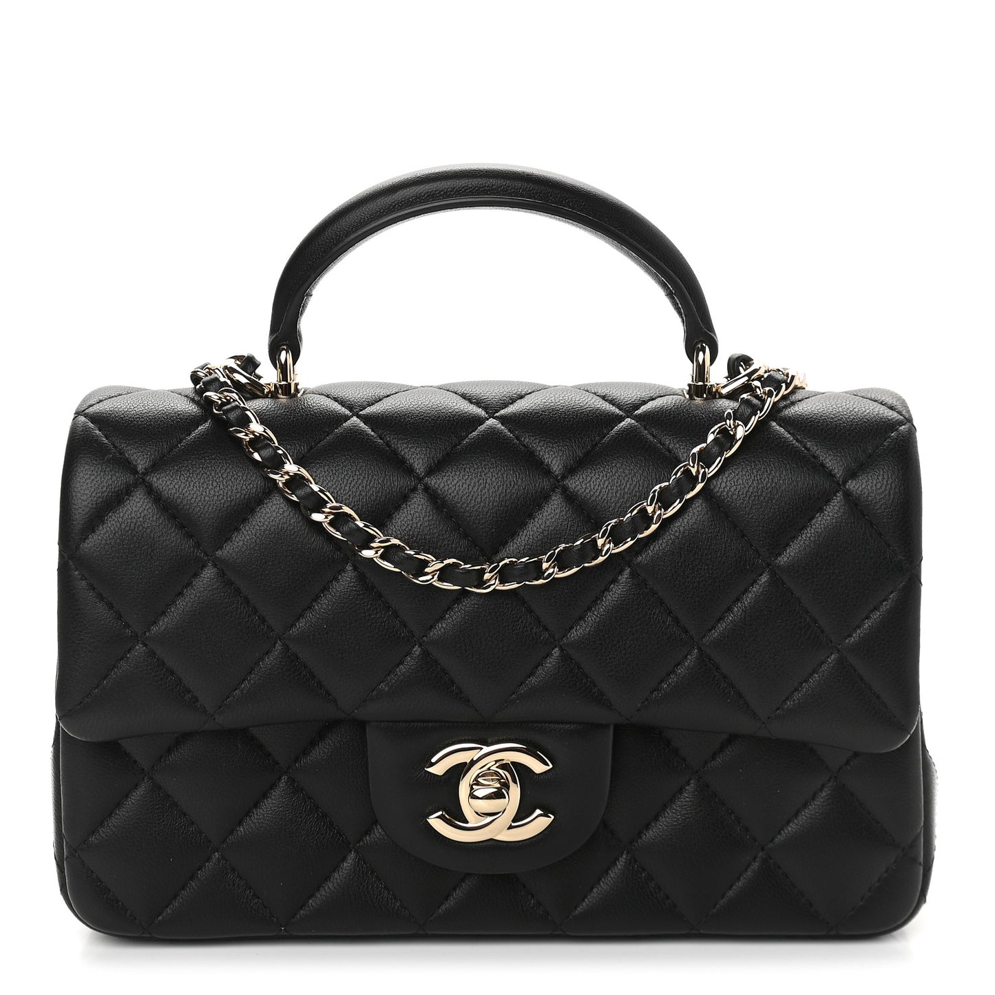 Lambskin Quilted Mini Top Handle Rectangular Flap Black