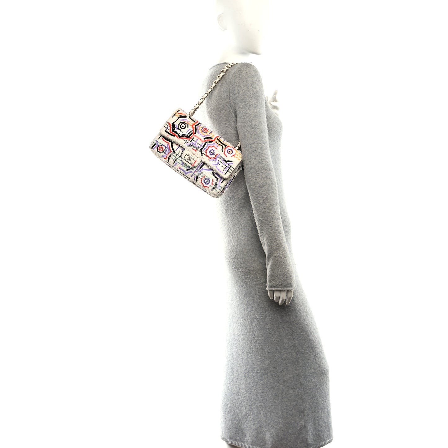 Tweed Braid Sequin Medium Double Flap White Purple Multicolor