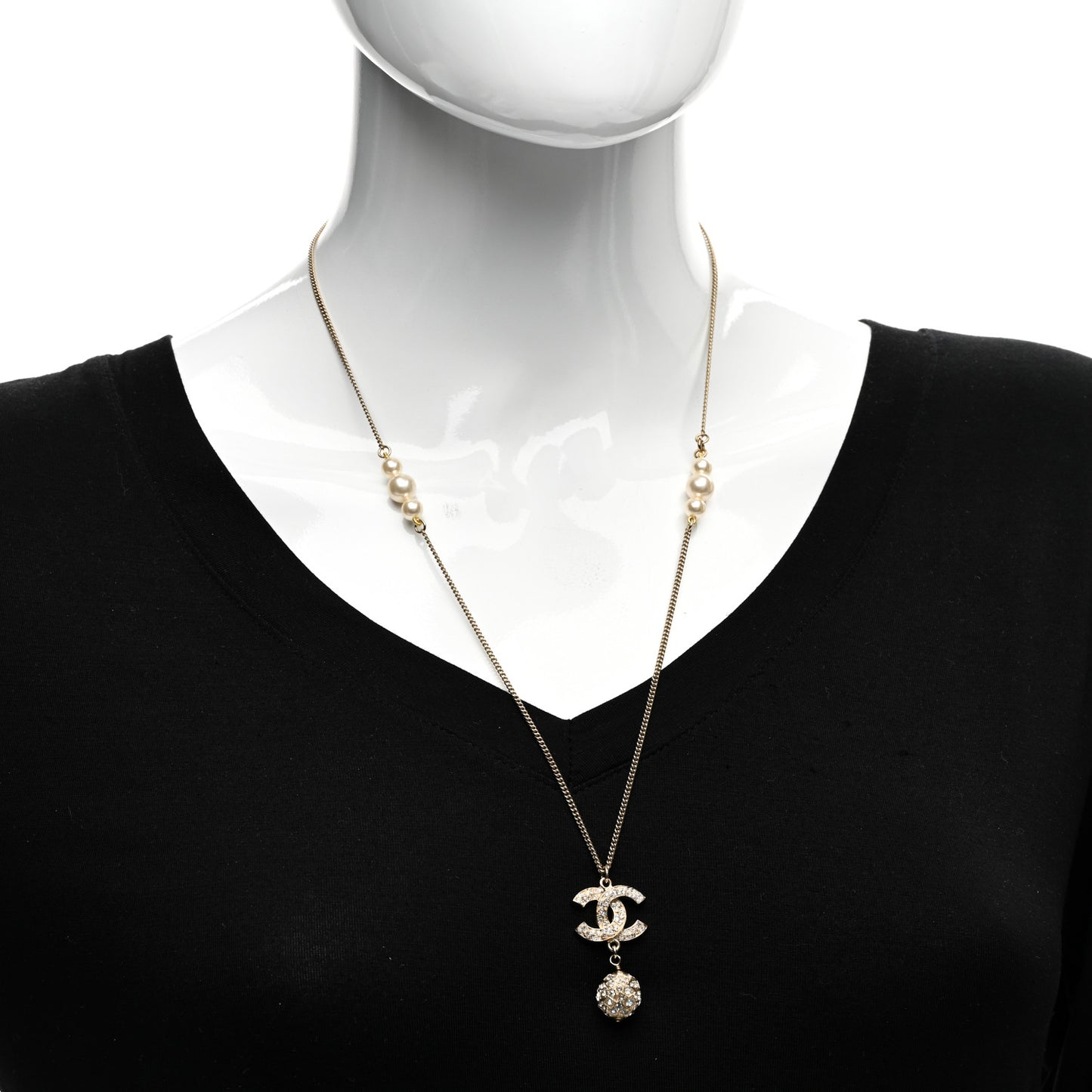 Pearl Crystal CC Pendant Necklace Gold