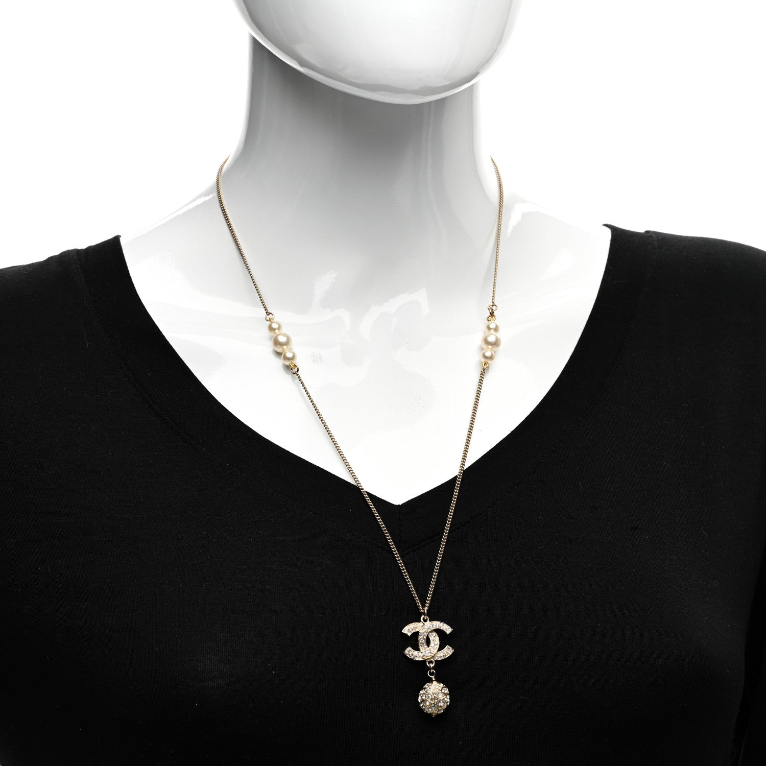 Chanel Pearl Crystal CC Pendant Necklace Gold 2 of 4