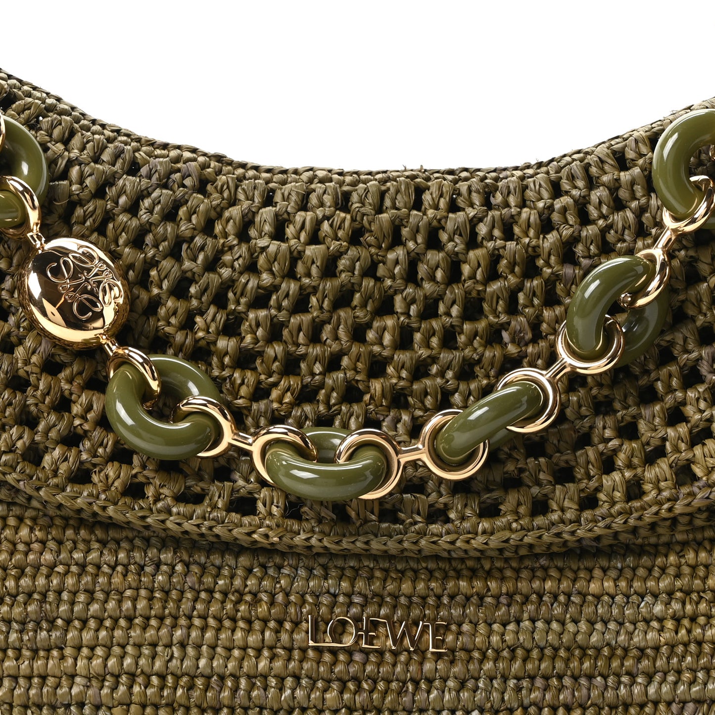 Raffia Calfskin Donut Chain Medium Ola Shoulder Bag Dark Khaki