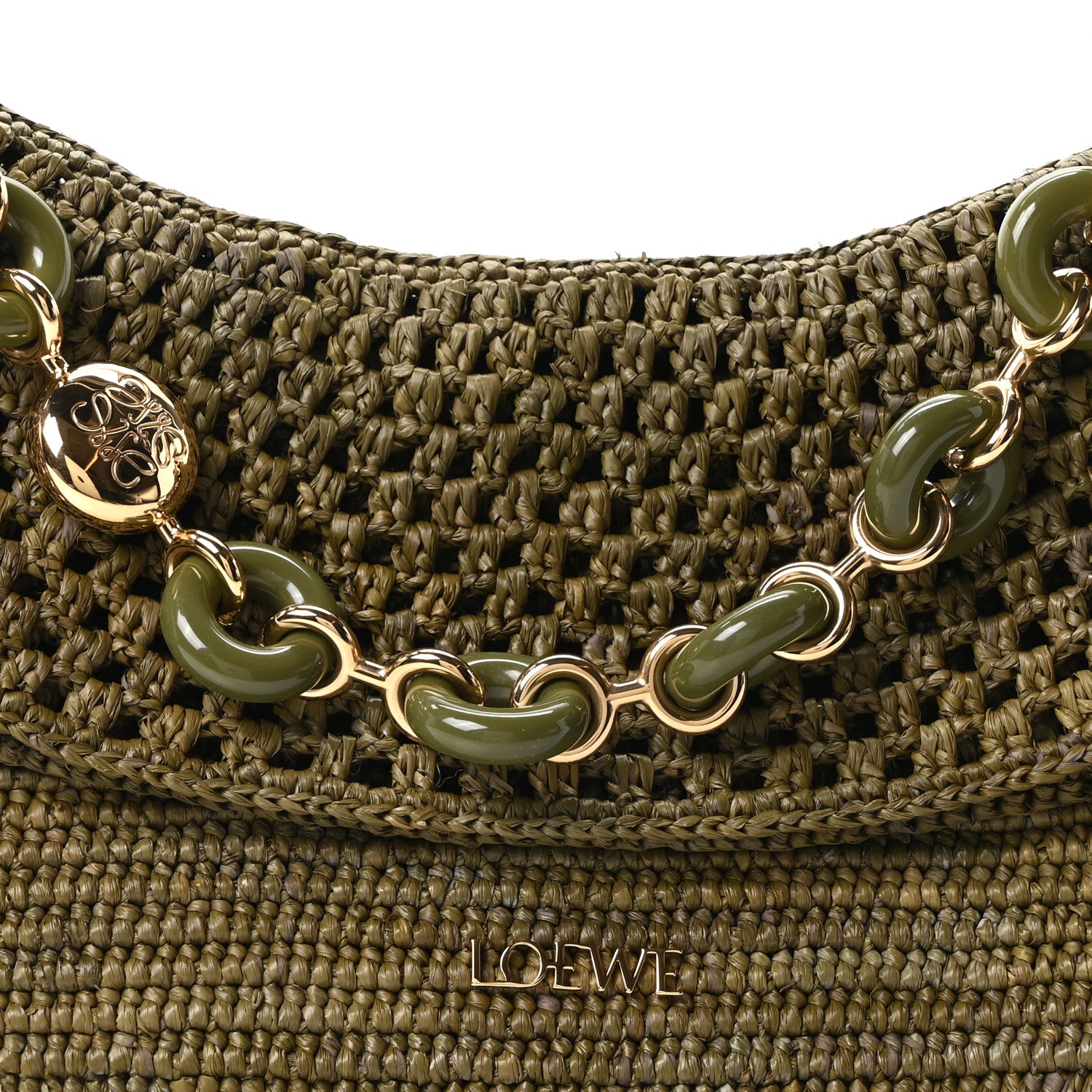 Loewe Raffia Calfskin Donut Chain Medium Ola Shoulder Bag Dark Khaki 8 of 11