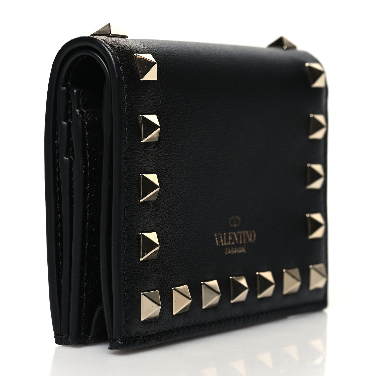 Calfskin Rockstud Bi-Fold Card Holder Black