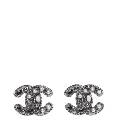 Chanel Pearl Crystal Enamel CC Earrings Ruthenium 1 of 5