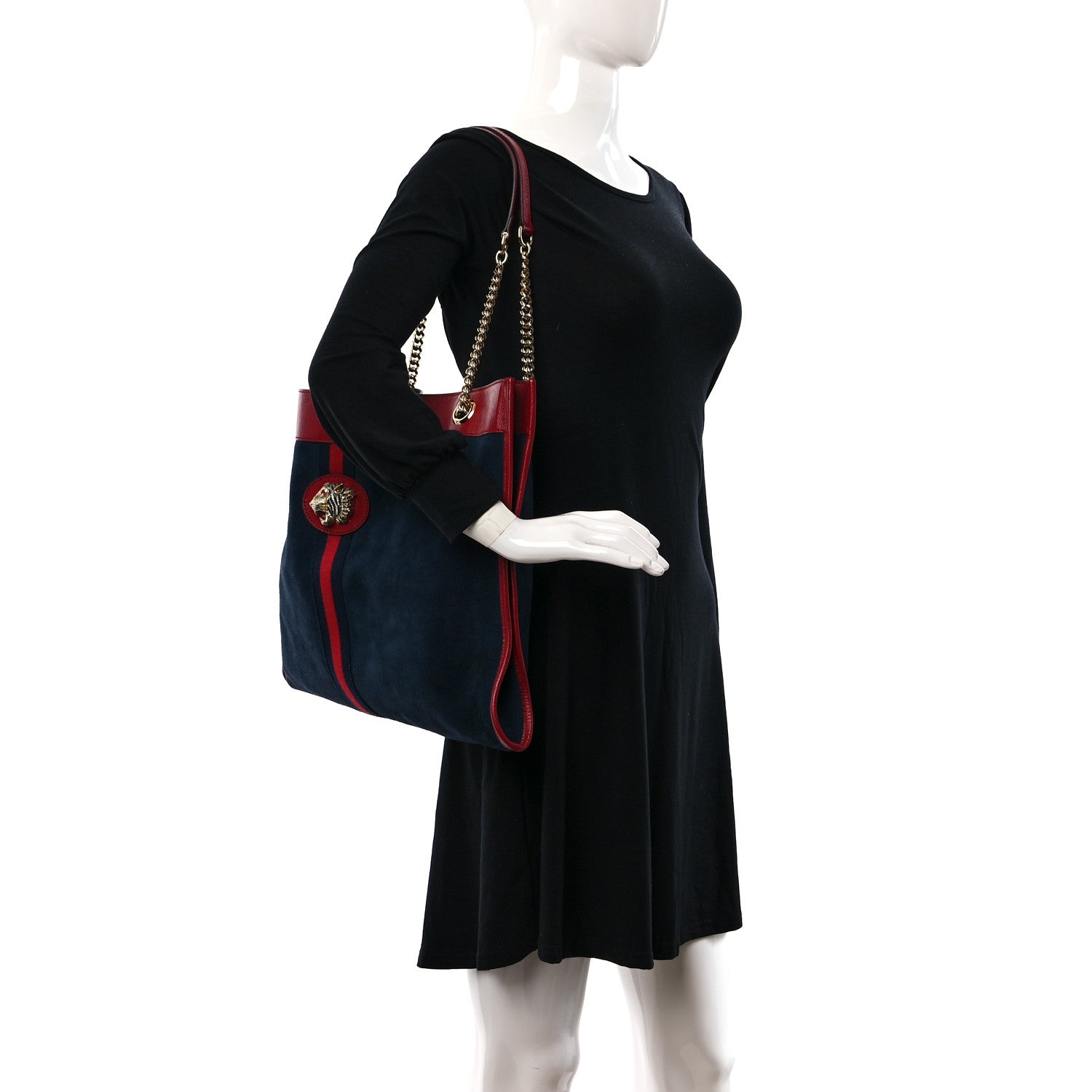 Gucci Suede Calfskin Large Rajah Chain Tote New Blue Romantic Cherry 3 of 13