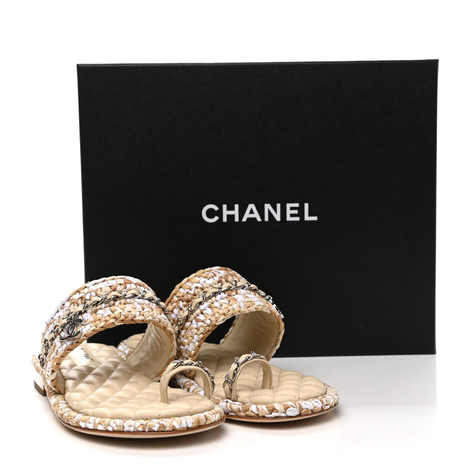 Chanel Raffia Lambskin Woven Chain CC Toe Ring Sandals 38 Beige White 9 of 9