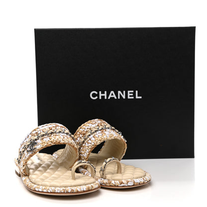 Chanel Raffia Lambskin Woven Chain CC Toe Ring Sandals 38 Beige White 9 of 9
