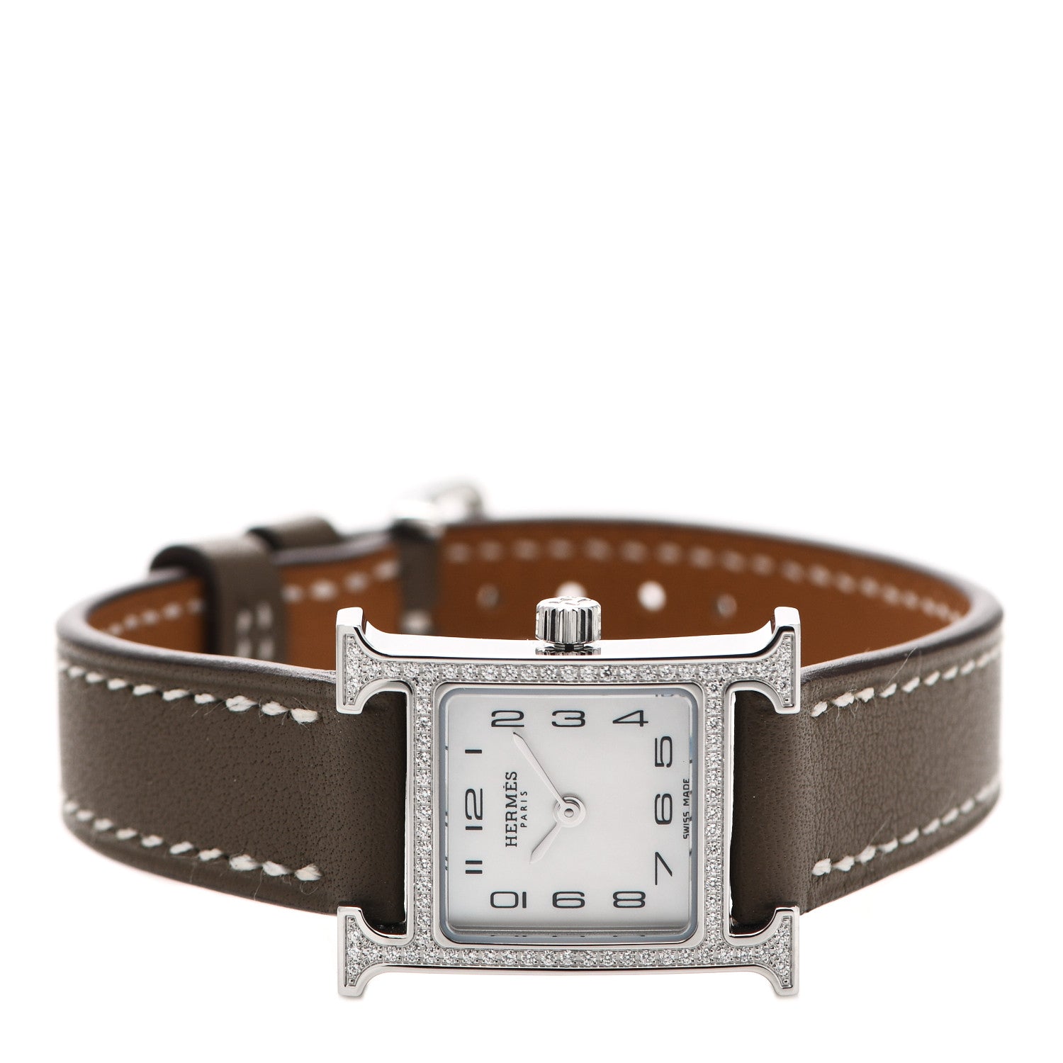 Hermes Stainless Steel Swift Diamond Bezel Mother of Pearl 17.2mm Heure H Hour Quartz Watch Etoupe 2 of 5