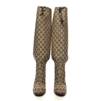 Gucci Monogram Malaga Kid Lisa Mid Heel Boots 38.5 Beige Ebony 2 of 7