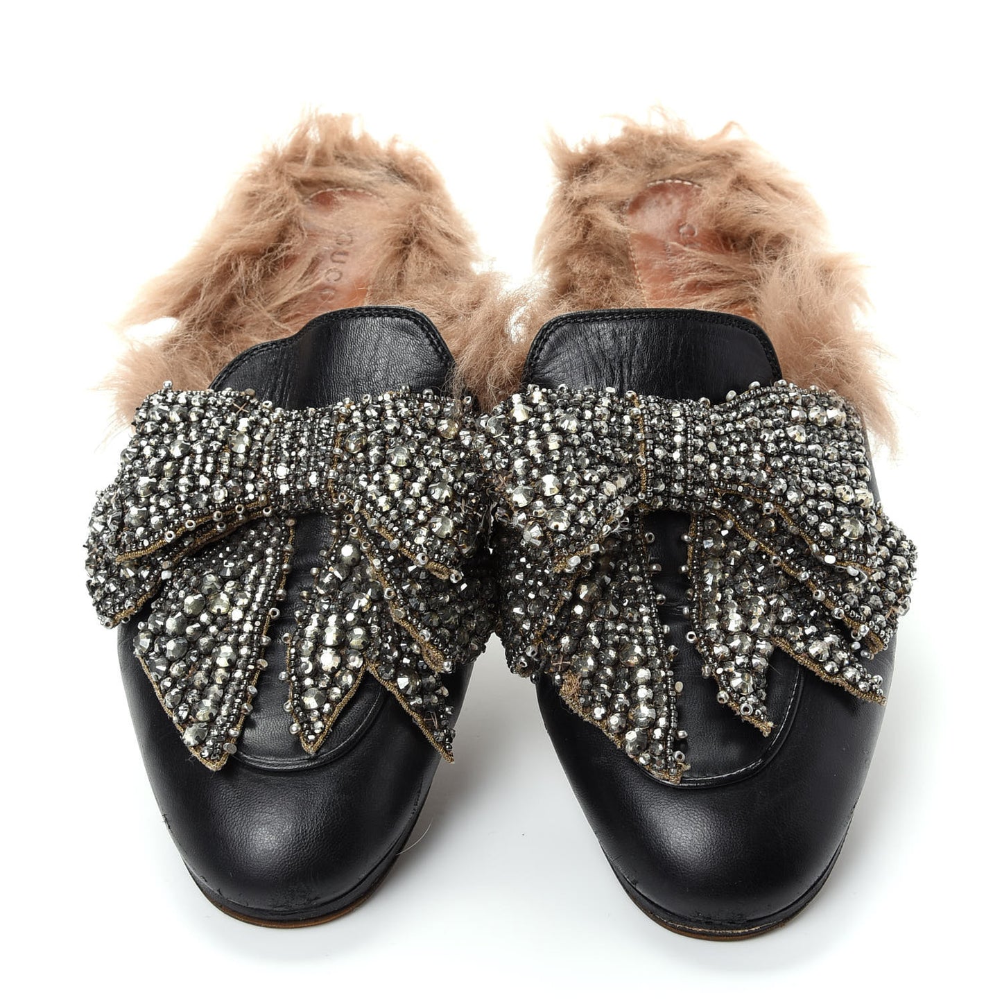 Malaga Kid Fur Crystal Bow Embroidered Womens Princetown Slippers 36 Black