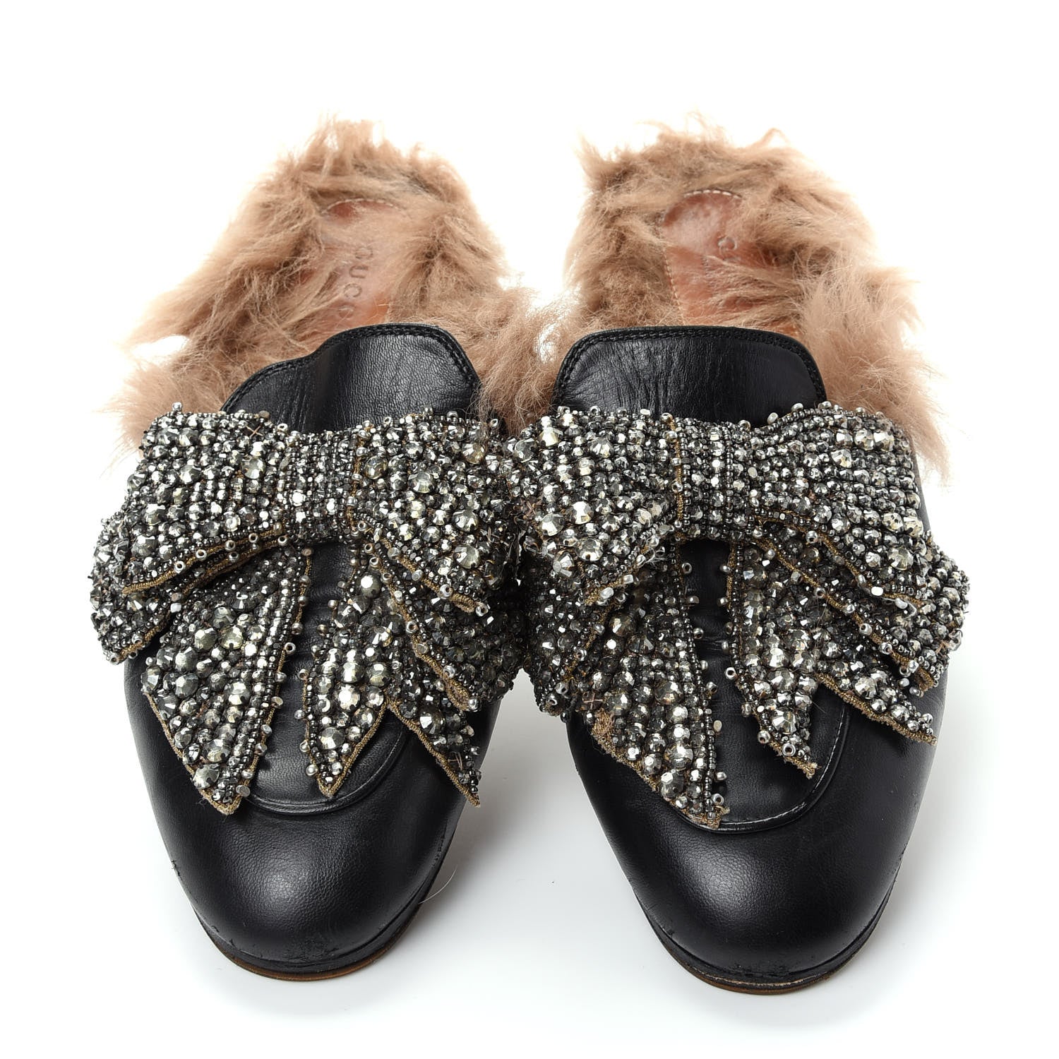Gucci Malaga Kid Fur Crystal Bow Embroidered Womens Princetown Slippers 36 Black 5 of 10