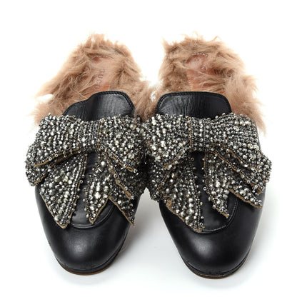 Gucci Malaga Kid Fur Crystal Bow Embroidered Womens Princetown Slippers 36 Black 5 of 10