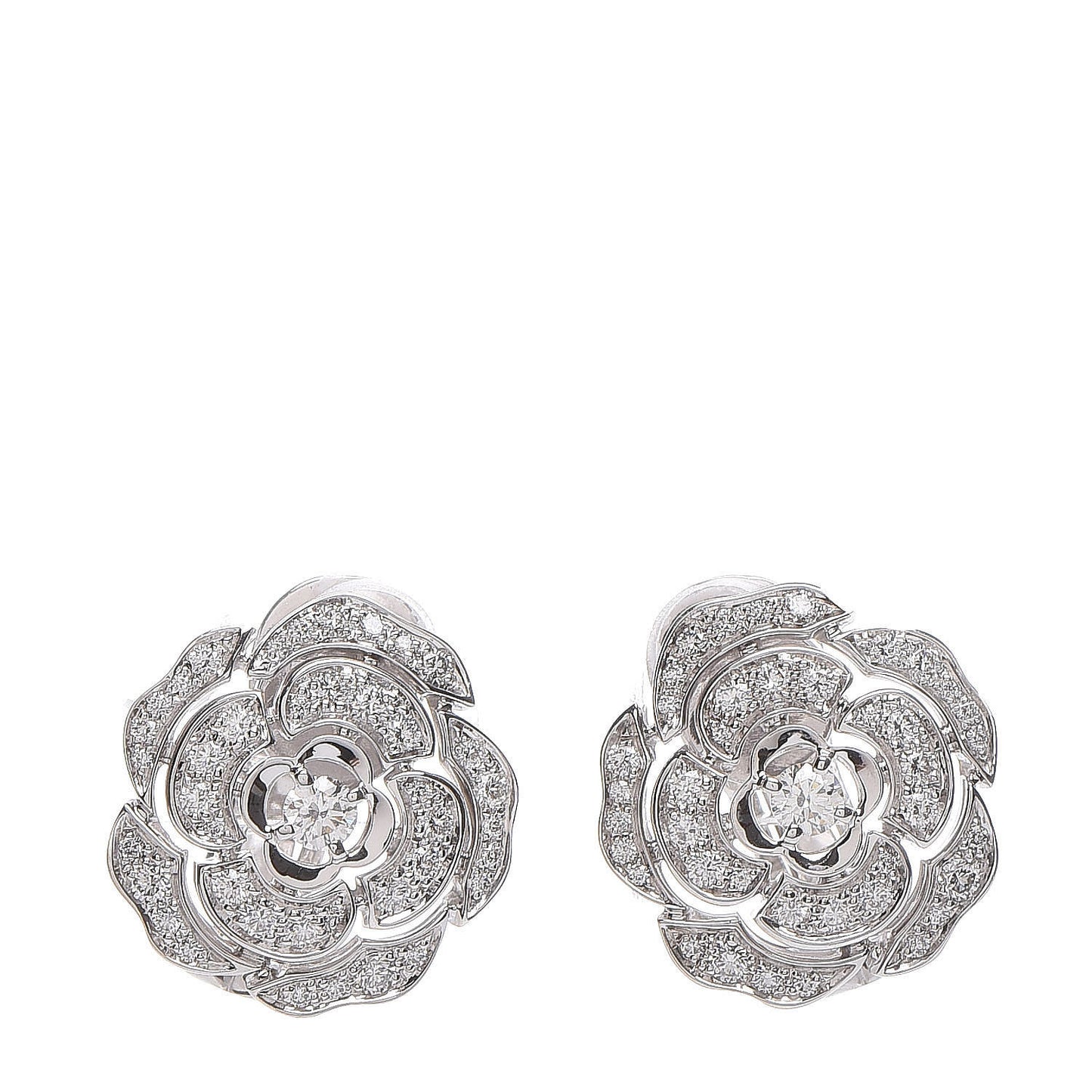 18K White Gold Diamond Bouton de Camelia Earrings