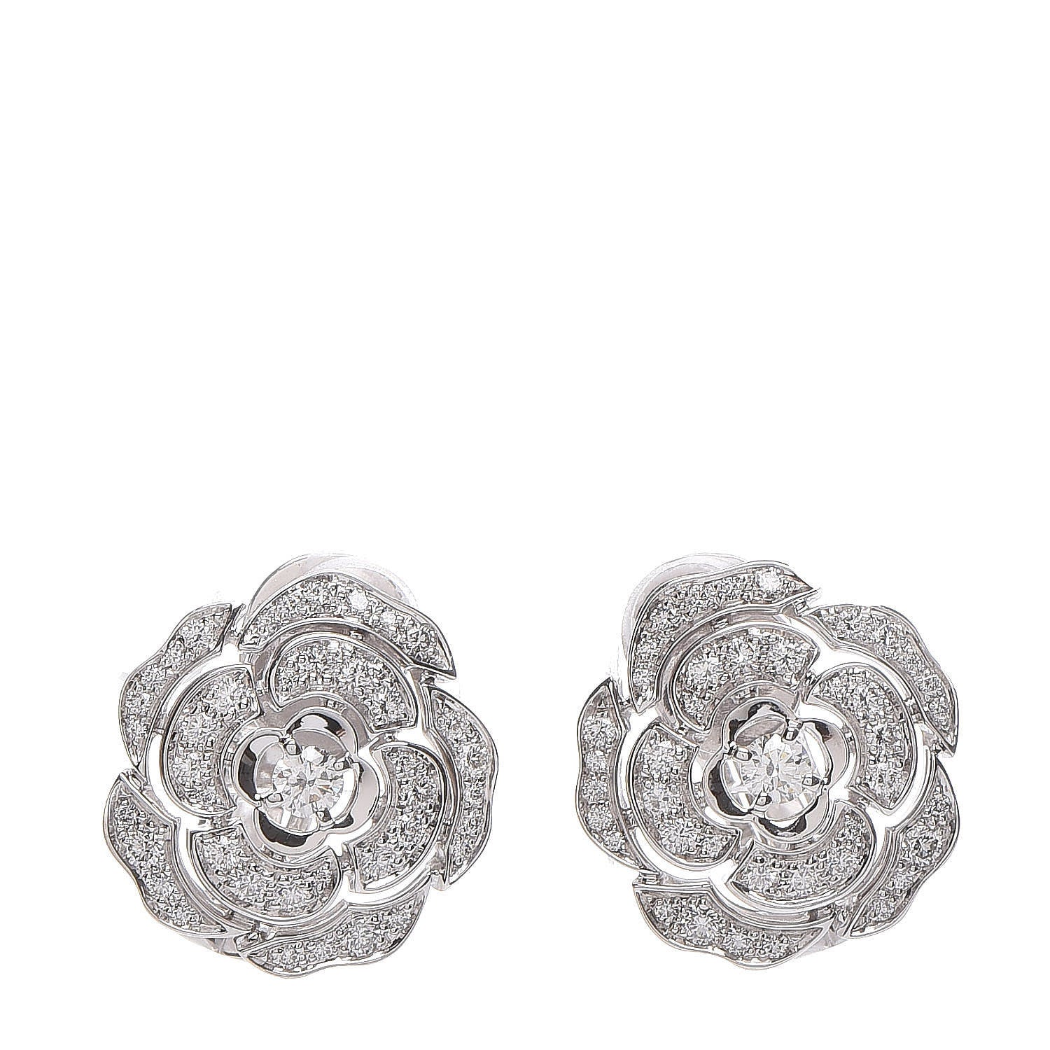 Chanel 18K White Gold Diamond Bouton de Camelia Earrings 1 of 5