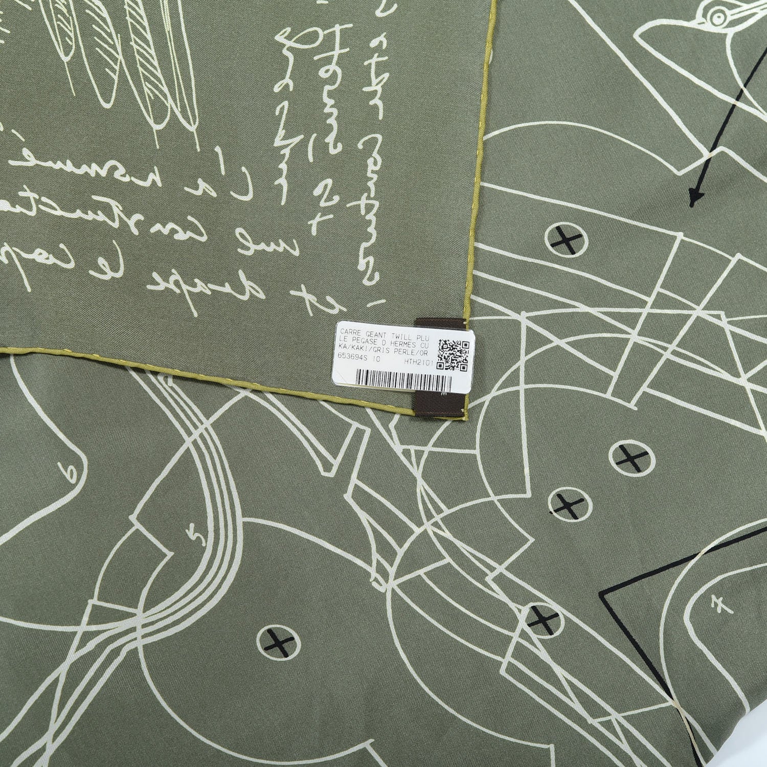 Hermes Silk Le Pegase d'Hermes Cut Wash 140 Scarf Kaki Gris Perle Or 6 of 6