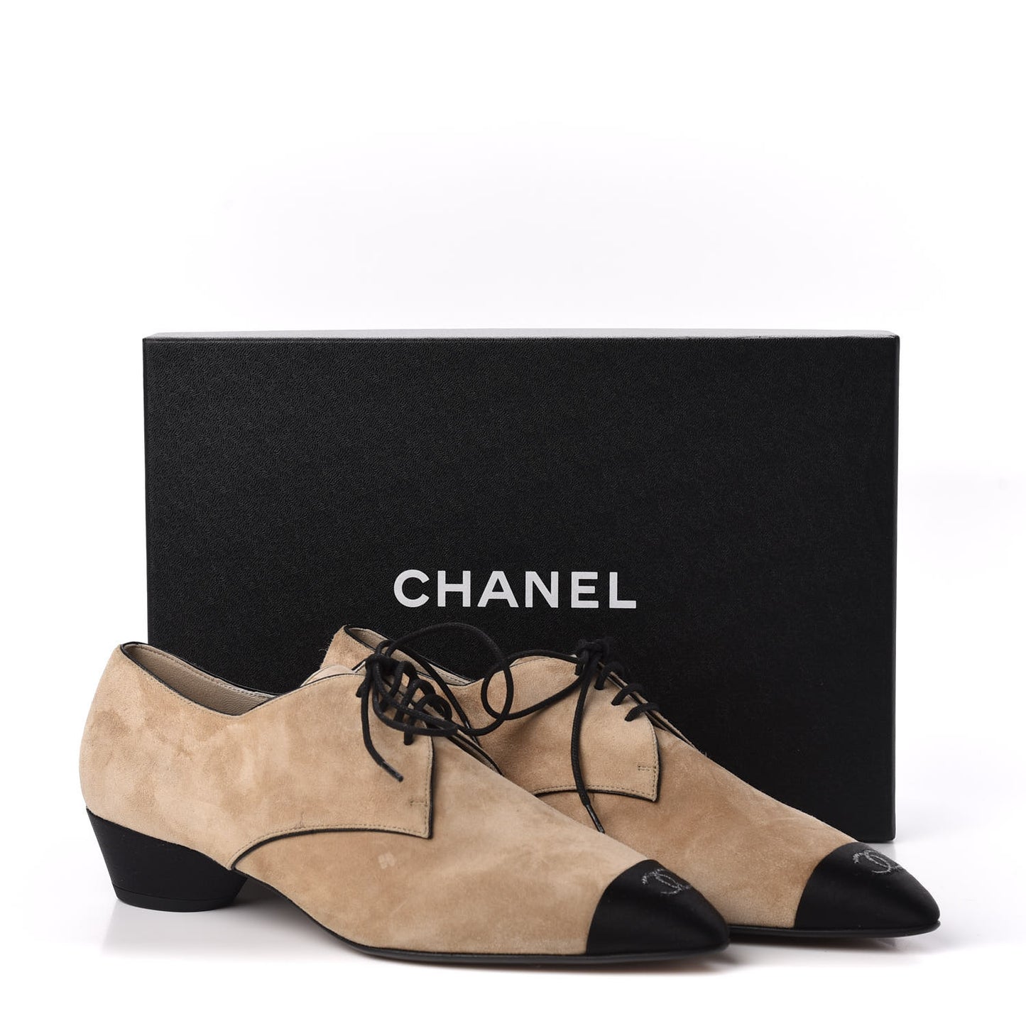 Suede Calfskin Satin Cap Toe Lace Up Oxfords 38.5 Beige Black