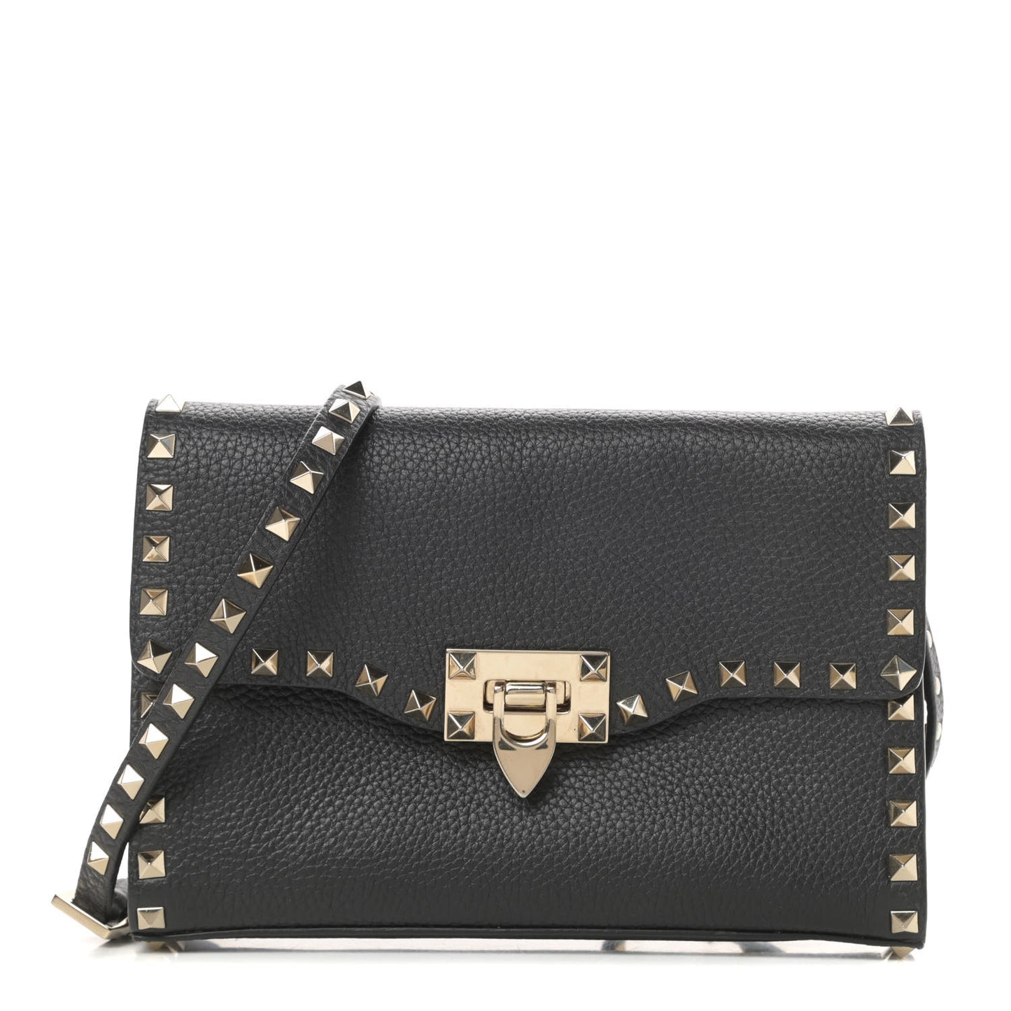 Pebbled Calfskin Medium Rockstud Flip Lock Crossbody Bag Black