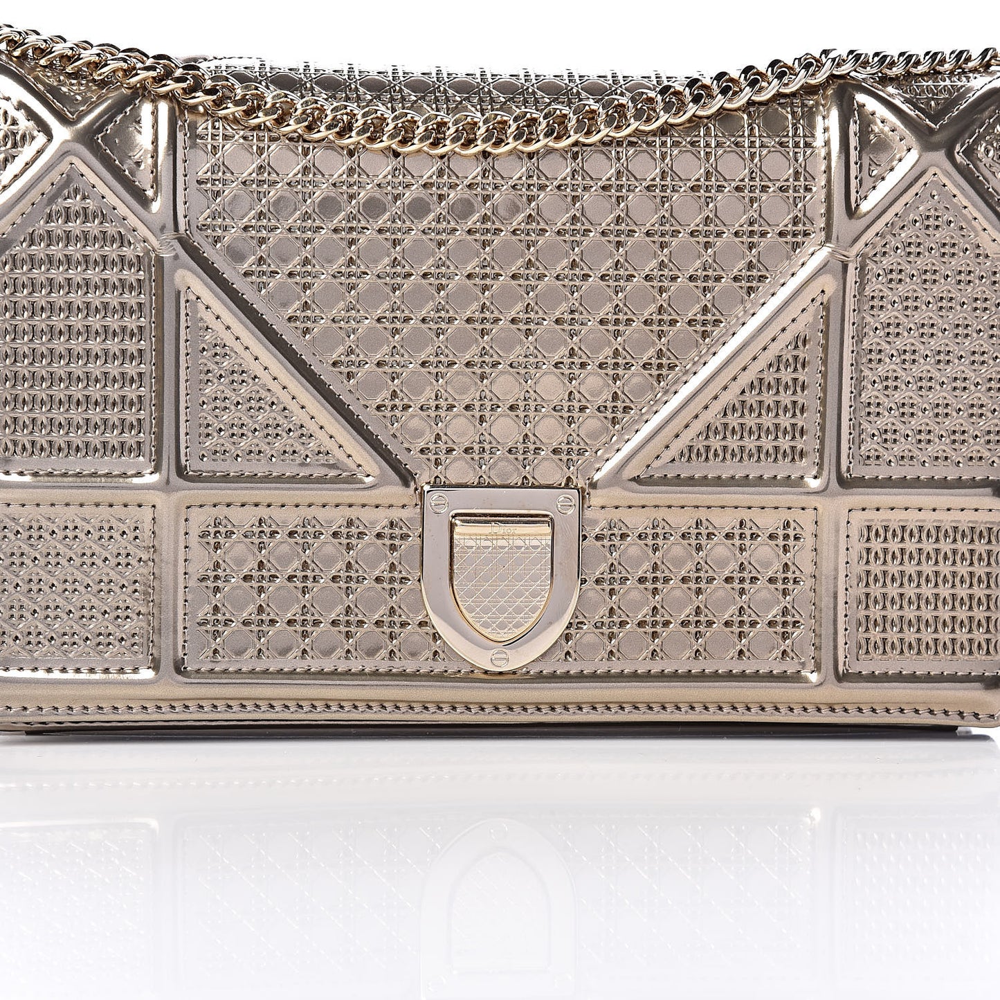 Metallic Patent Micro-Cannage Diorama Wallet on Chain Pouch Gold