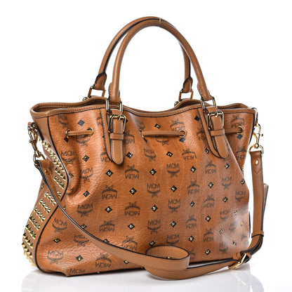 MCM Visetos Studded Medium Drawstring Shopper Cognac 4 of 15