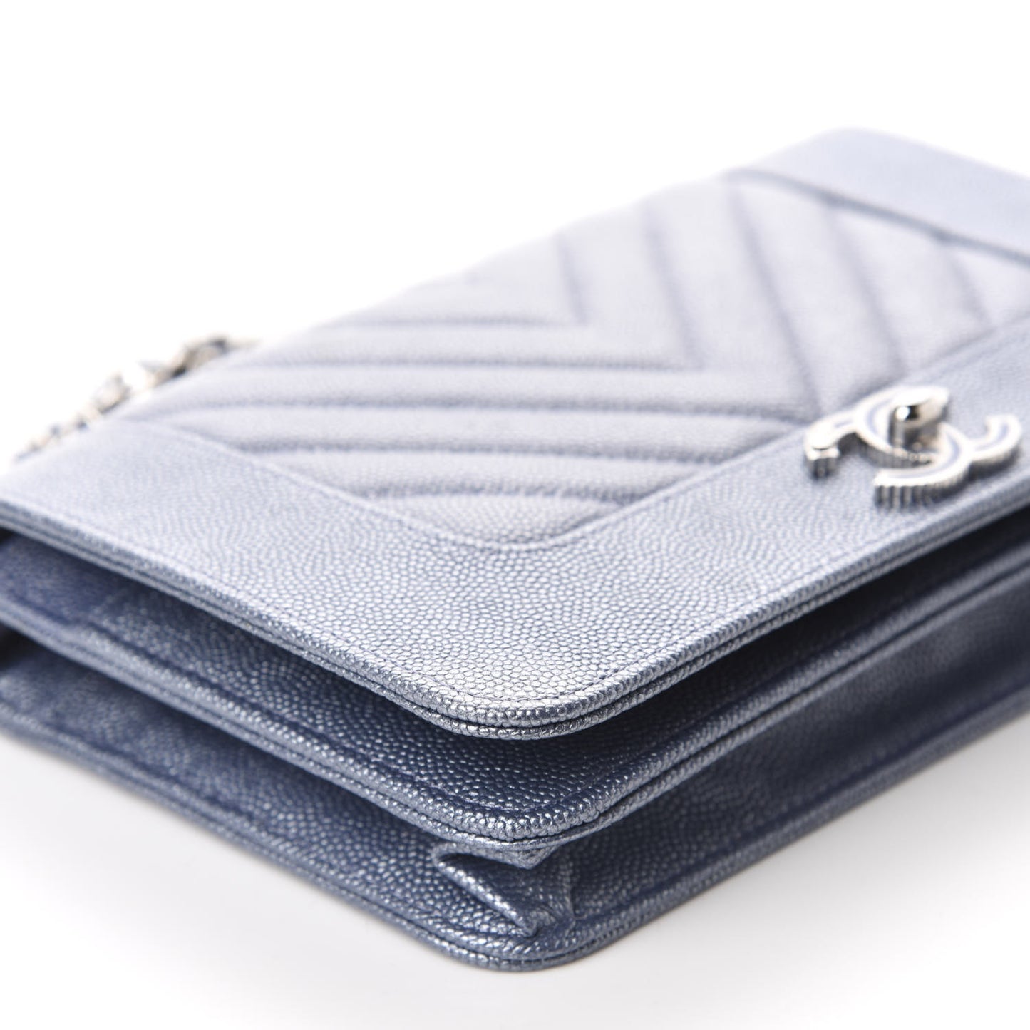 Metallic Caviar Chevron Quilted Vintage Mademoiselle Wallet On Chain WOC Blue