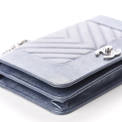 Chanel Metallic Caviar Chevron Quilted Vintage Mademoiselle Wallet On Chain WOC Blue 6 of 12