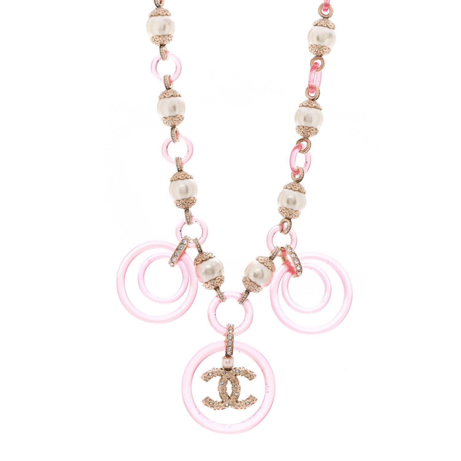 Chanel Pearl Crystal Resin CC Round Charms Necklace Gold Pink 1 of 8