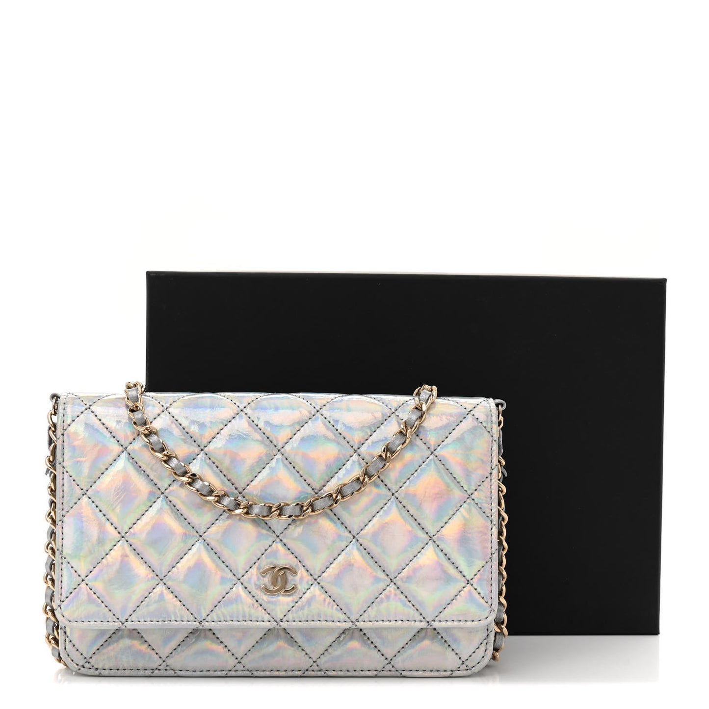 Iridescent Goatskin Quilted Wallet On Chain WOC Silver