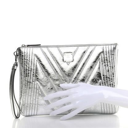 MCM Metallic Calfskin Quilted Medium Zip Pouch Light Silver 2 of 7