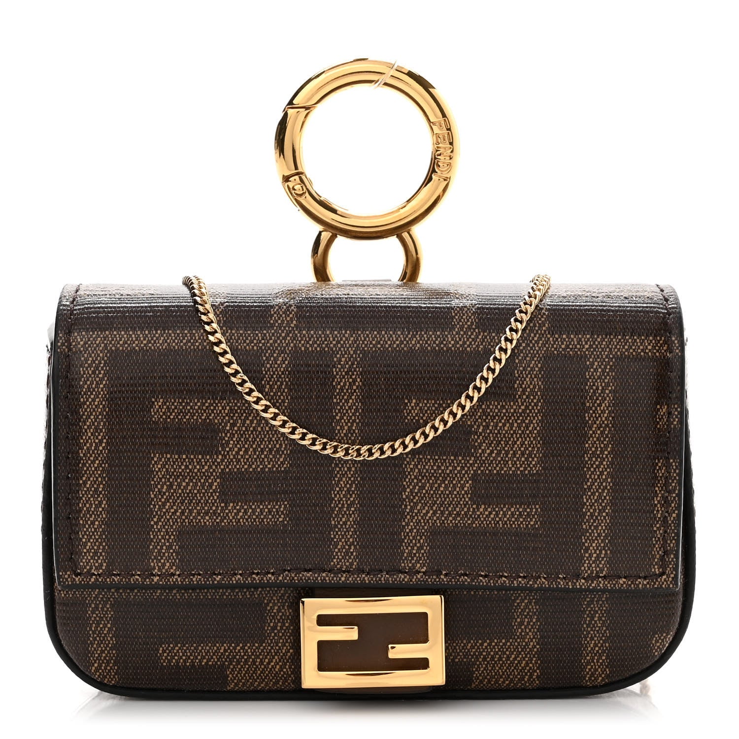 Fendi Glazed Fabric FF 1974 Nano Baguette Charm Mogano Panna 1 of 10