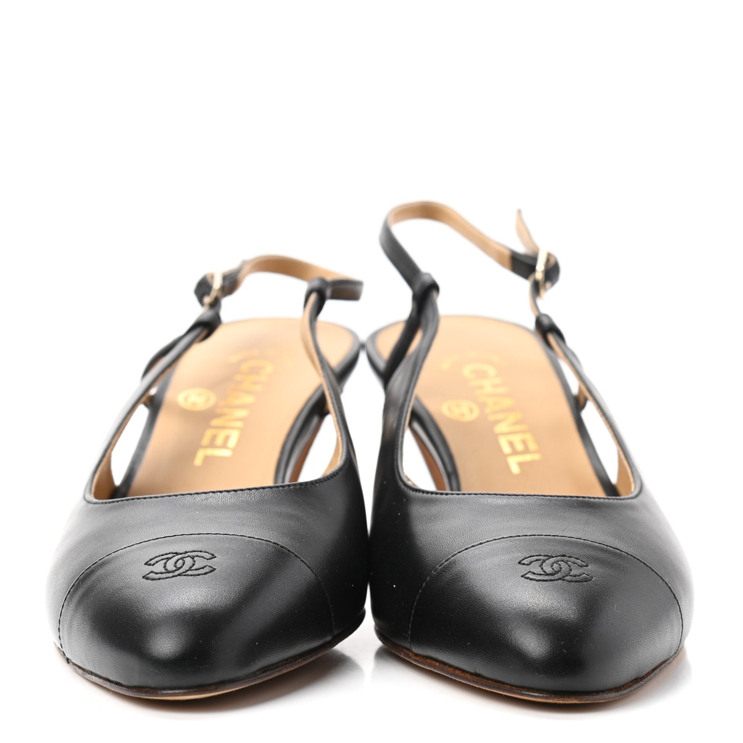 Calfskin Embossed Cap Toe CC Slingback Pumps 38 Black