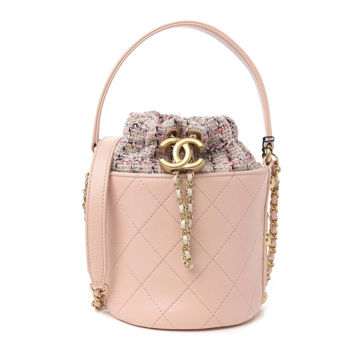 Calfskin Tweed Small CC Chain Bucket Drawstring Bag Light Pink