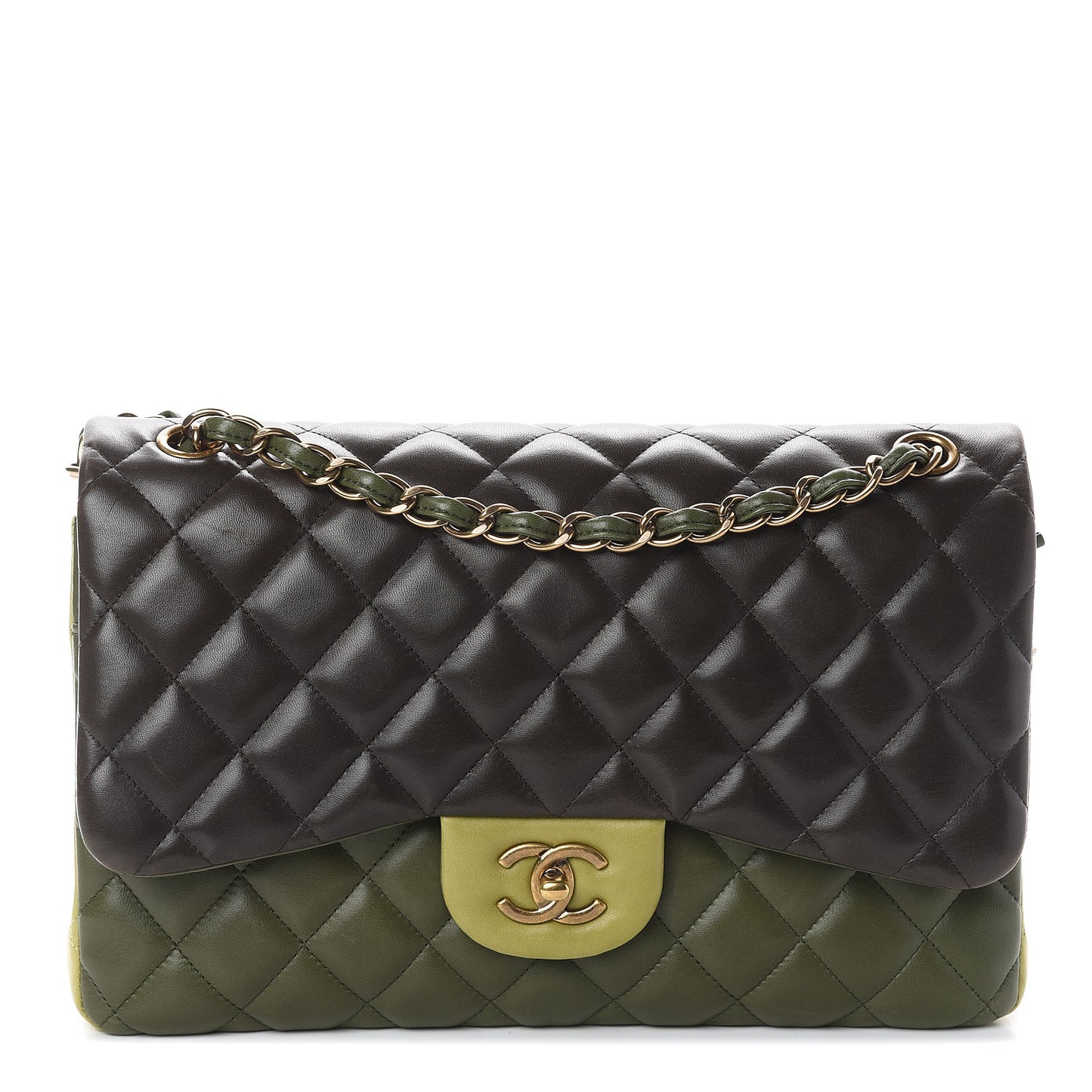 Lambskin Quilted Tri-Color Jumbo Double Flap Green Brown