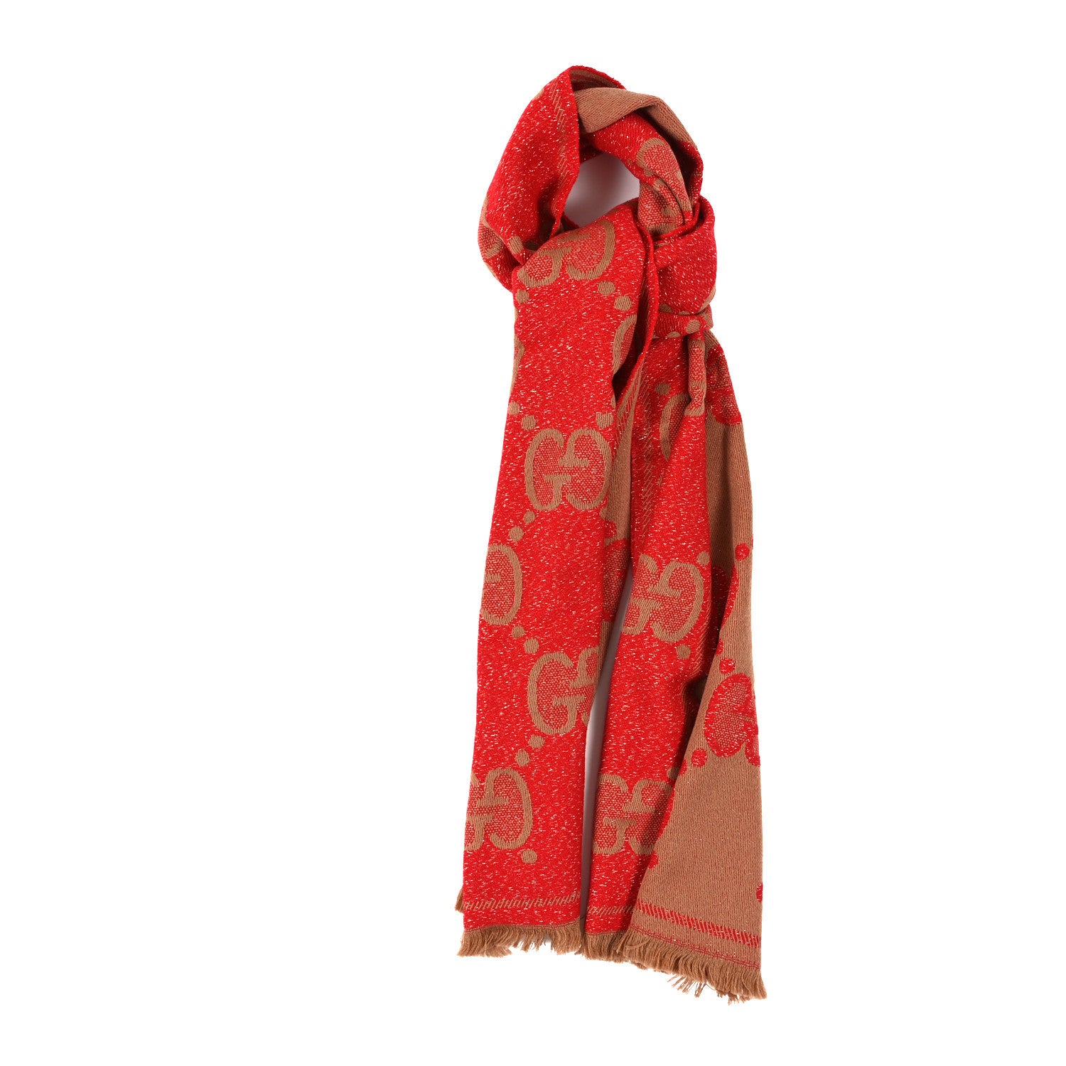 Gucci Wool Lame Jacquard Monogram Jumbo GG Lady Nest Lux Scarf Flame Beige 1 of 3