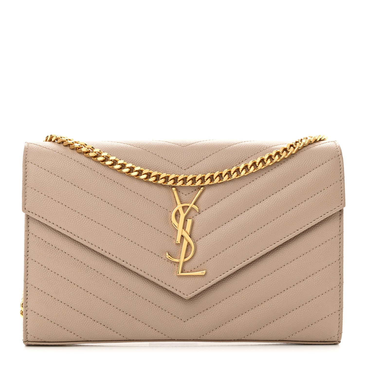 Saint Laurent Grain De Poudre Matelasse Chevron Monogram Chain Wallet Dark Beige 1 of 10