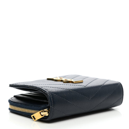 Saint Laurent Grain De Poudre Matelasse Chevron Monogram Compact Zip Around Wallet Deep Marine 4 of 12