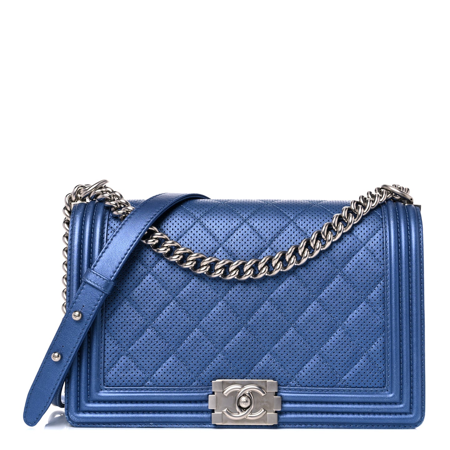 Perforated Lambskin Quilted New Medium Boy Flap Blue