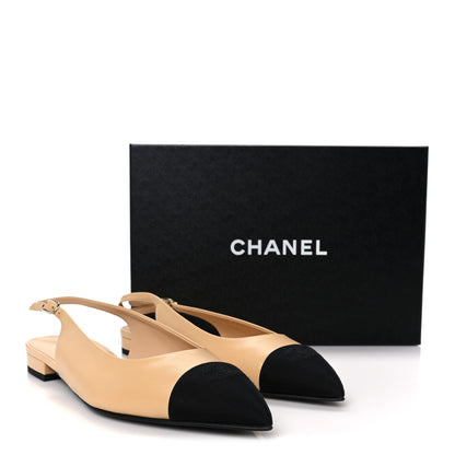 Chanel Goatskin Grosgrain Pointed Toe CC Slingback Flats 40.5 Beige Black 10 of 10