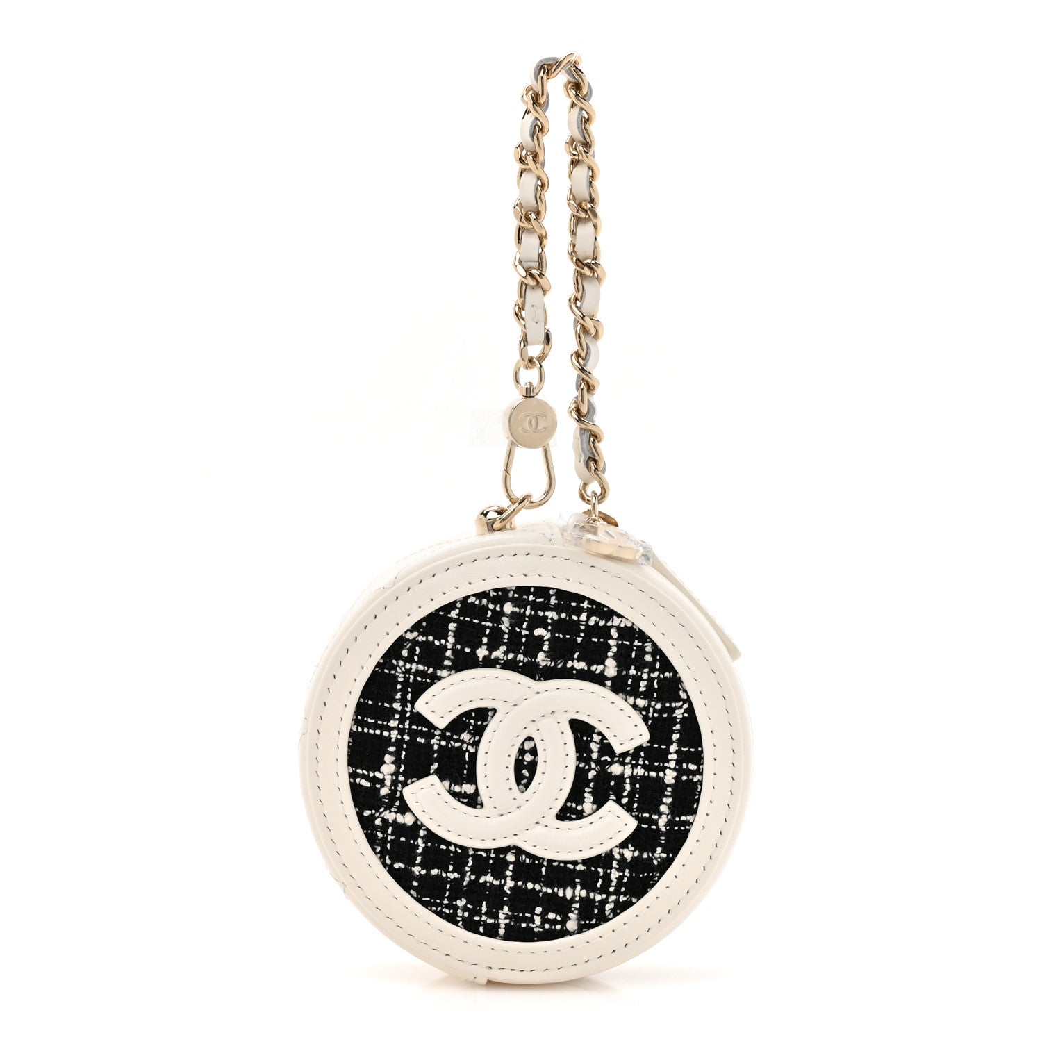 Chanel Tweed Quilted Round Filigree Pouch With Chain White Black 1 of 10
