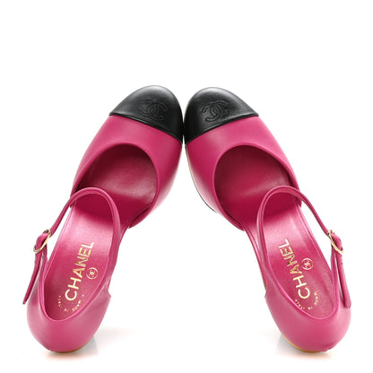 Chanel Lambskin Cap Toe Open Wedge Pumps 40 Fuchsia Black 2 of 9
