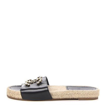 Chanel Patent Calfskin Crystal CC Espadrille Slip On Sandals 37 Black 1 of 9