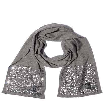Chanel Cashmere Silk Sequin CC Scarf Grey 1 of 5