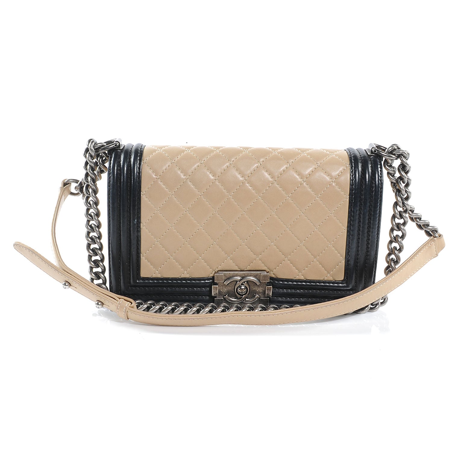 Chanel Lambskin Quilted Medium Boy Flap Beige Black 1 of 9